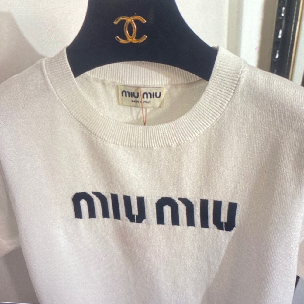 Miu Miu White Crewneck Sweater with Navy Logo